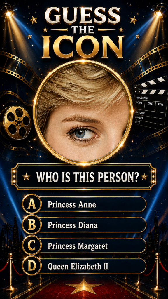 A quiz poster titled GUESS THE ICON with a dark blue starry background and gold blue spotlights A golden circular frame