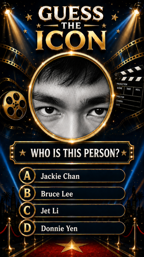 A game show graphic titled GUESS THE ICON featuring a black and white close-up of Bruce Lee s eyes in a golden circular 