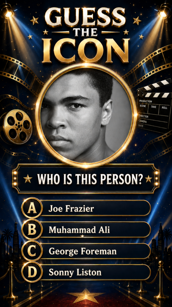 A vertical quiz graphic titled GUESS THE ICON featuring a black and white portrait of Muhammad Ali framed in gold with a