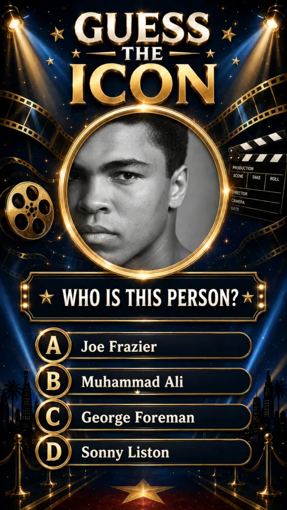 A vertical quiz graphic titled GUESS THE ICON featuring a black and white portrait of Muhammad Ali framed in gold with a