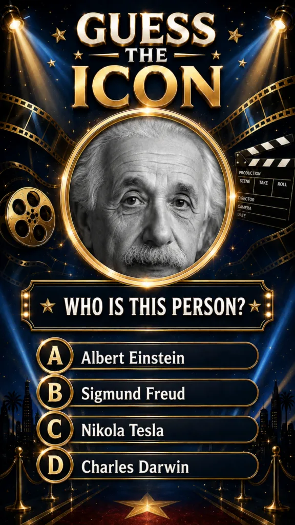 A vertical quiz poster titled Guess The Icon with a black and white portrait of Albert Einstein in a golden circular fra