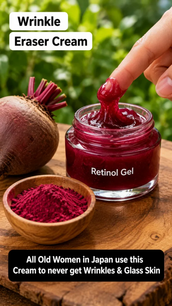 A hand dipping a finger into a jar of red gel with whole beetroot and red powder on a wooden surface next to it The back