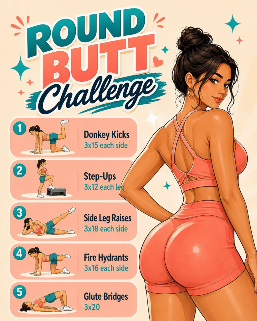 A vibrant fitness infographic showing a confident woman in athletic wear and a detailed workout plan with five glute-foc