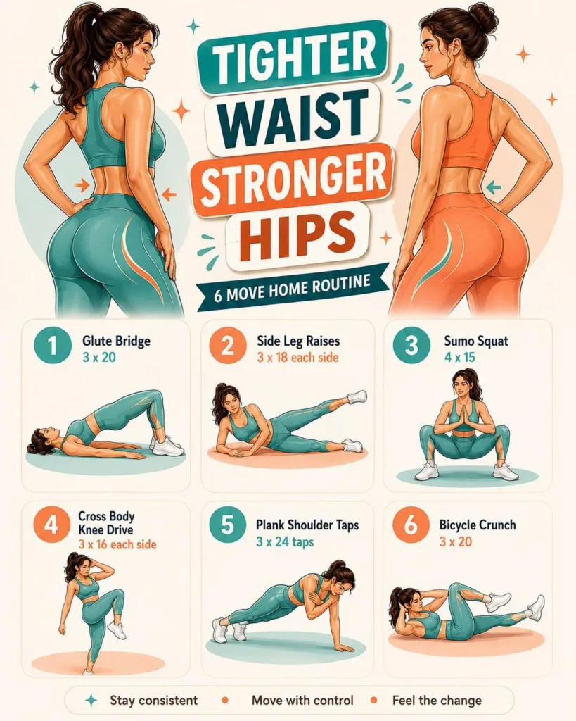 Infographic showing a fit woman demonstrating six bodyweight exercises for core and hips with clear instructions and vib