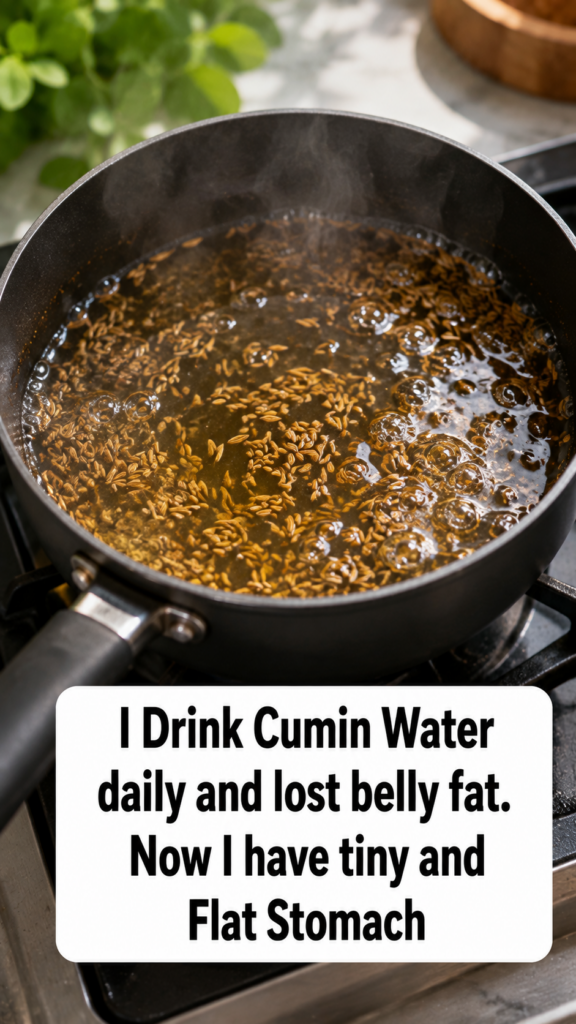 A black saucepan on a stove burner filled with boiling water and numerous cumin seeds floating on the surface with steam