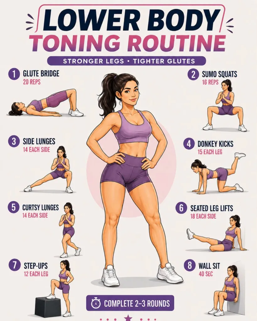 An infographic featuring a smiling woman in pink athletic wear at the center surrounded by eight smaller inset images de