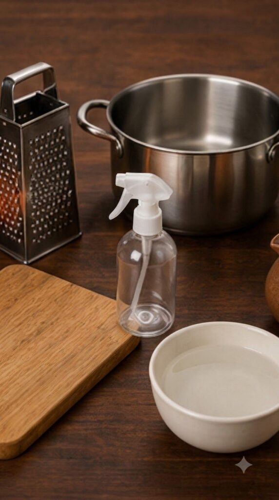 A hand holding a clear glass spray bottle labeled Carrot Toner against a dark warm-toned kitchen backdrop misting a fine