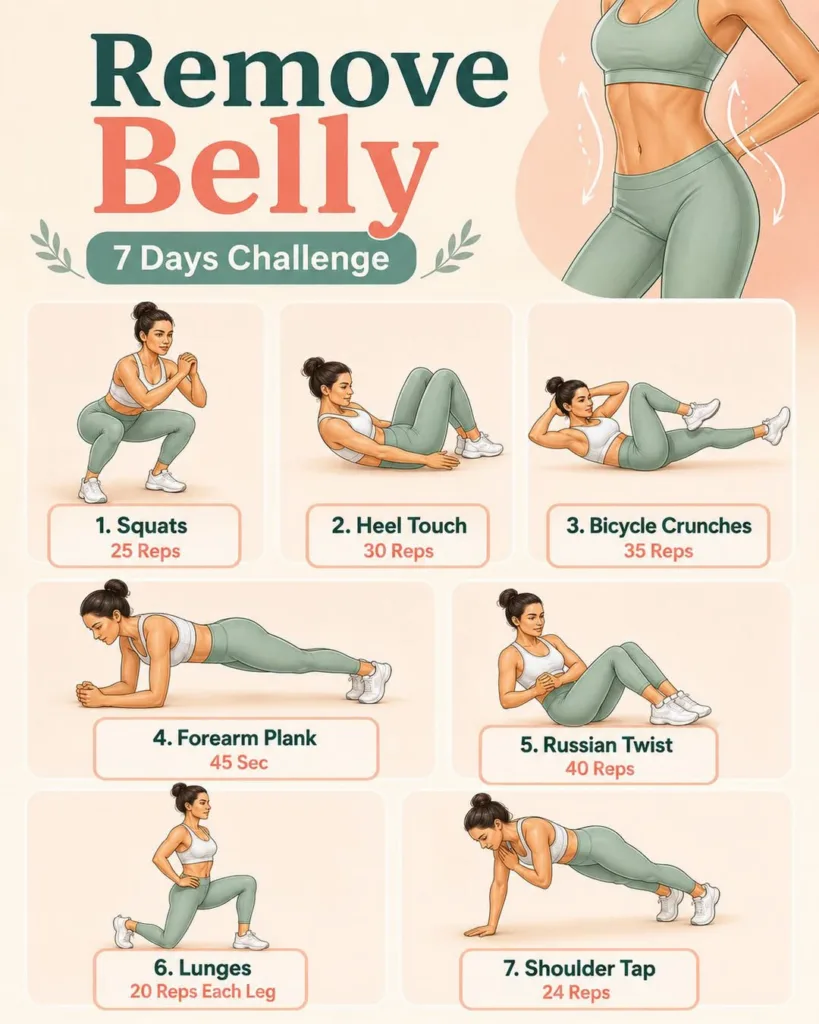 A fitness infographic depicting a 7-day challenge to remove belly fat featuring a woman measuring her waist and seven ex