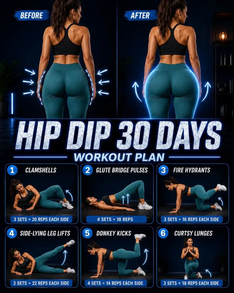 An infographic for a Hip Dip 30 Days Workout Plan showing before and after comparisons of a woman s lower body with spec