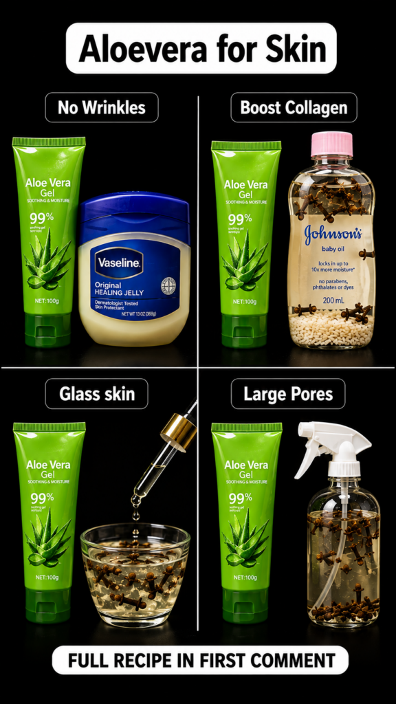 A grid of four skincare remedy examples each combining Aloe Vera Gel with other common products or ingredients on a dark