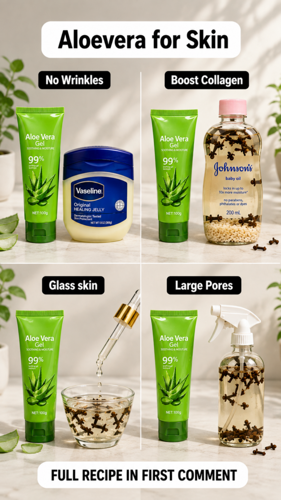 A four-panel grid showcasing various DIY skincare solutions featuring Aloe Vera Gel alongside common household ingredien