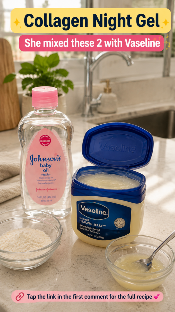 A collection of beauty and household products arranged on a kitchen counter with small glass bowls containing ingredient