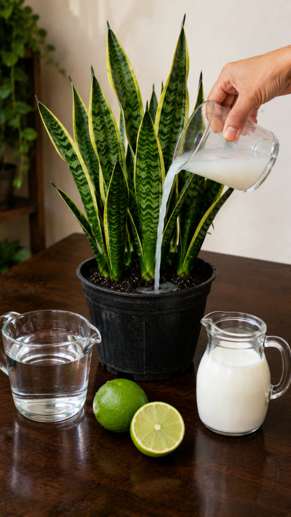 A hand pouring a milky white liquid from a glass jug into the soil of a snake plant in a black pot on a dark wooden tabl