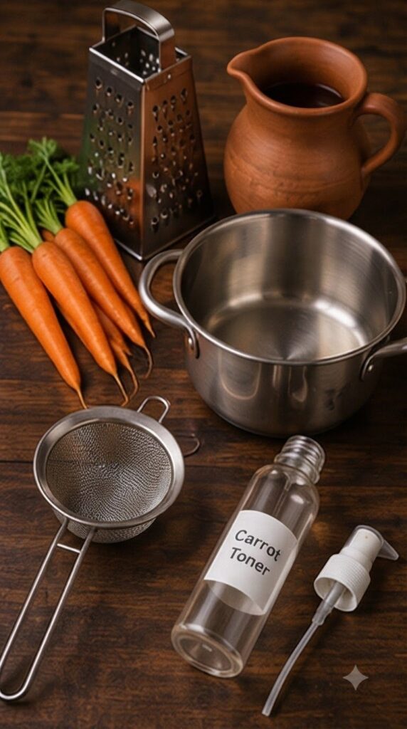 A joyful woman with clean bare skin holds a glass spray bottle labeled Carrot Toner and gently spritzes the fine mist ac