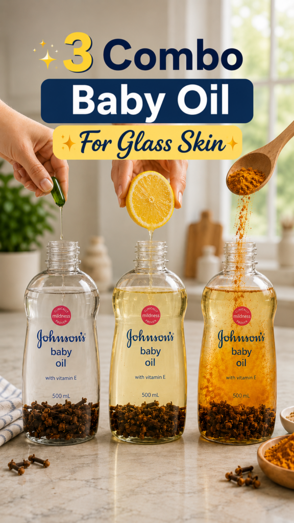 Three clear bottles of Johnson s baby oil arranged horizontally with ingredients being added from above a hand squeezing