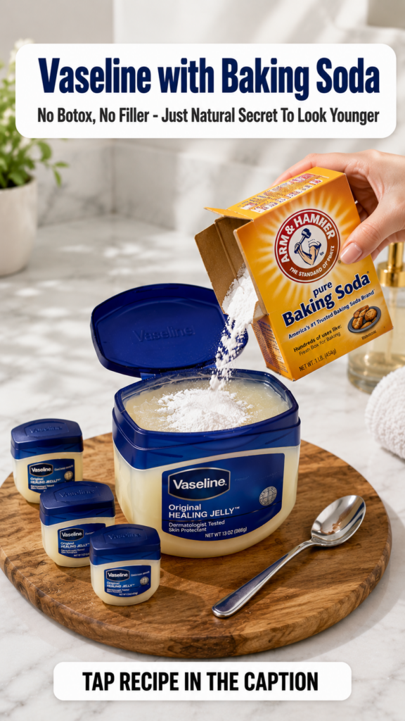 A hand pouring baking soda from a box into a large tub of Vaseline with smaller Vaseline tubs and a spoon on a wooden bo