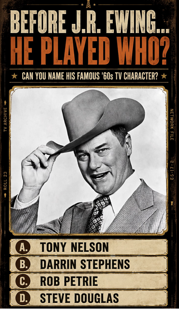 Black and white portrait of actor Larry Hagman smiling and tipping his cowboy hat framed in a distressed dark brown and 