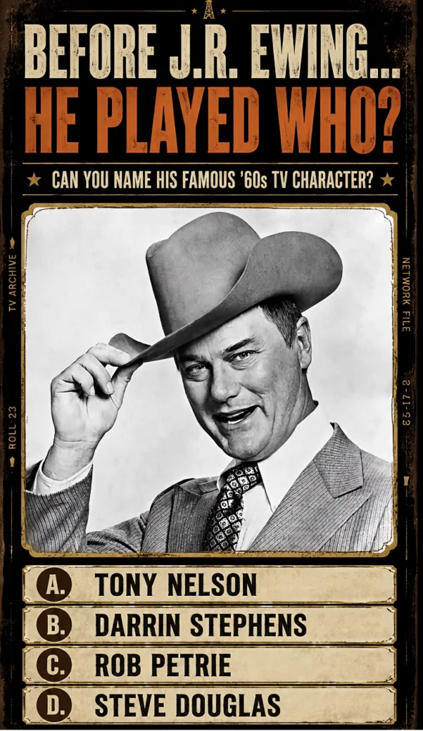 Black and white portrait of actor Larry Hagman smiling and tipping his cowboy hat framed in a distressed dark brown and 