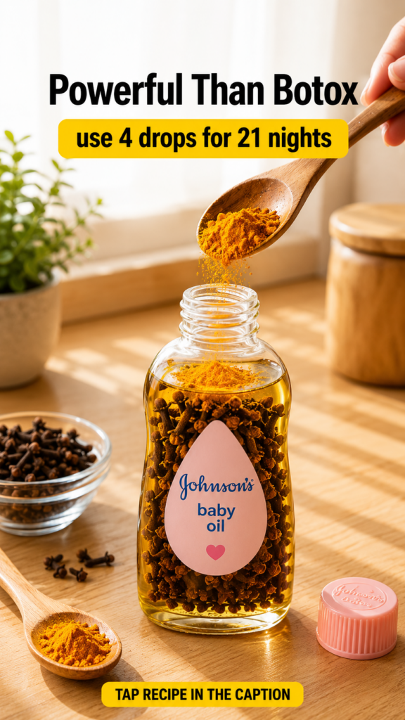 A hand pouring turmeric powder into a bottle of Johnson s baby oil already containing cloves on a wooden counter with mo