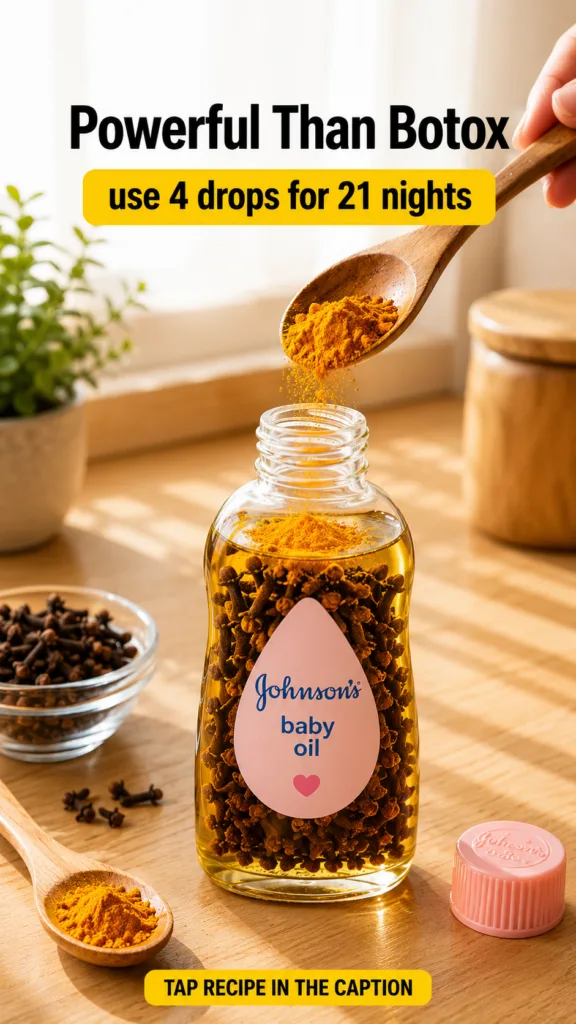 A hand pouring turmeric powder into a bottle of Johnson s baby oil already containing cloves on a wooden counter with mo