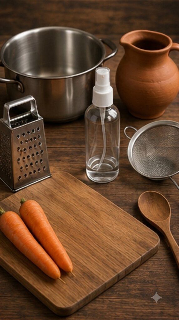 A hand firmly holds a clear glass spray bottle with a white nozzle labeled Carrot Toner and pumps a fine mist into the a