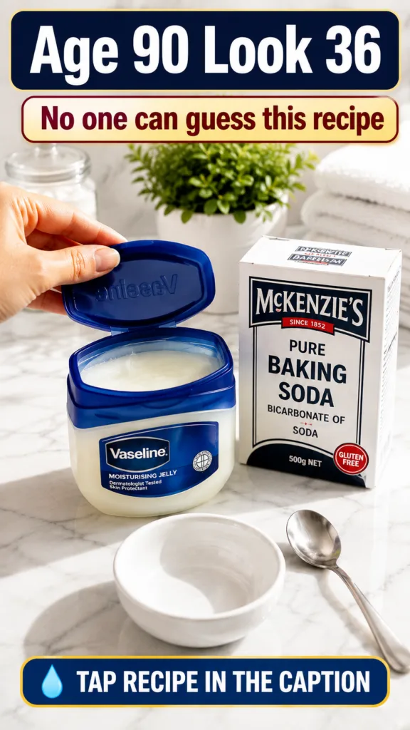 A hand opening a jar of Vaseline next to a box of baking soda an empty white bowl and a spoon on a white marble surface