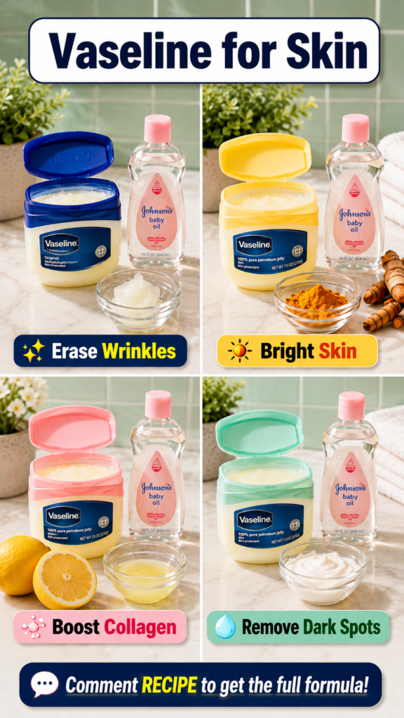 A collage of four panels showing Vaseline petroleum jelly products Johnson s baby oil and natural ingredients like turme