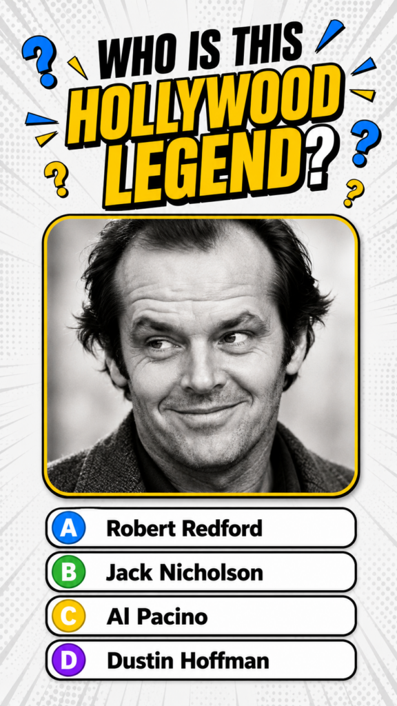 A black and white portrait of Jack Nicholson within a yellow border part of a trivia question He has a subtle mischievou