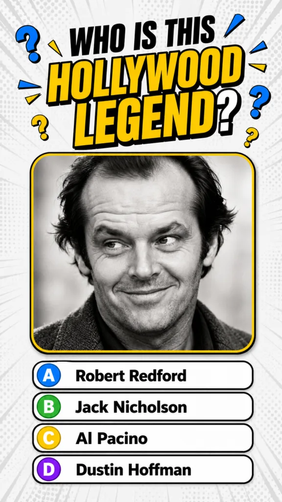 A black and white portrait of Jack Nicholson within a yellow border part of a trivia question He has a subtle mischievou