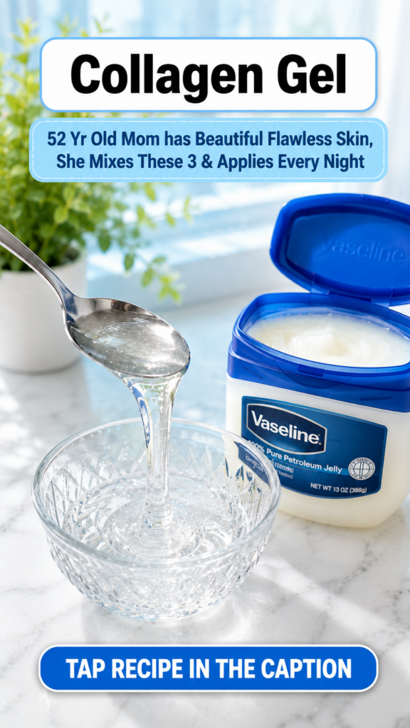 A close-up top-down view of a spoon pouring a clear viscous gel into a crystal bowl with an open jar of Vaseline Petrole