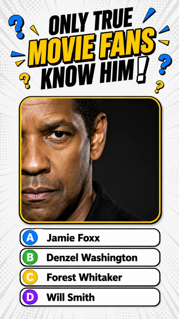 A social media quiz showing a close-up half-face portrait of Denzel Washington with a yellow border against a dark backg