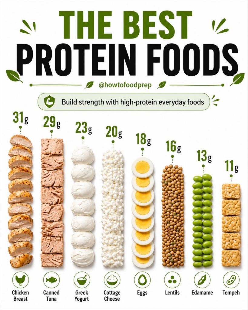 Infographic titled THE BEST PROTEIN FOODS showing eight protein-rich foods with their protein content and icons Foods in