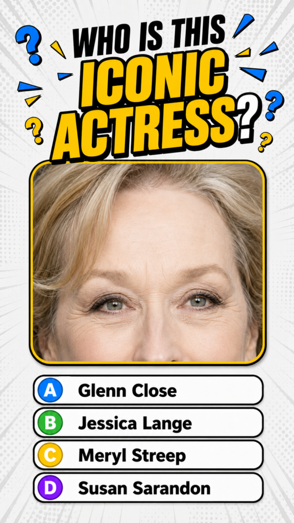 A quiz card asking WHO IS THIS ICONIC ACTRESS with a close-up of Meryl Streep s eyes and forehead framed in yellow again