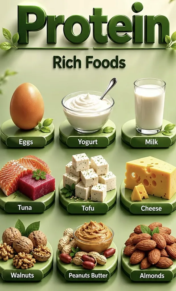 A 3x3 grid of nine different protein-rich food items on a clean white background clearly labeled eggs yogurt milk tuna t