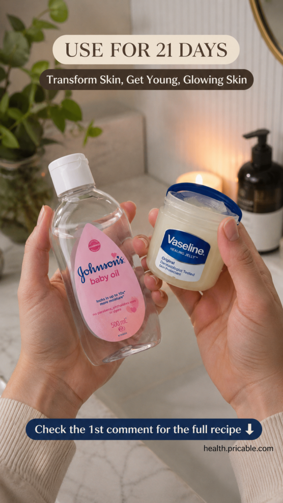 A pair of hands holding a bottle of Johnson s baby oil and a jar of Vaseline Healing Jelly in a soft-lit bathroom settin