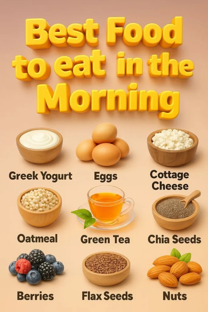 An infographic showcasing nine healthy breakfast food items in a 3x3 grid on a white background including Greek yogurt e