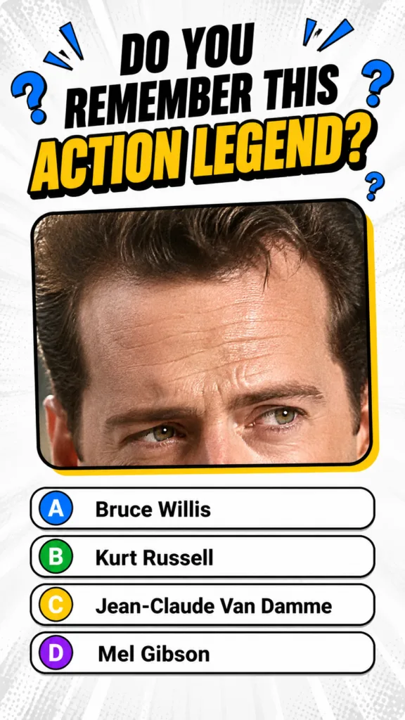 A close-up crop of a man s forehead eyes and part of his hair above four multiple-choice options on a subtle pop-art dot