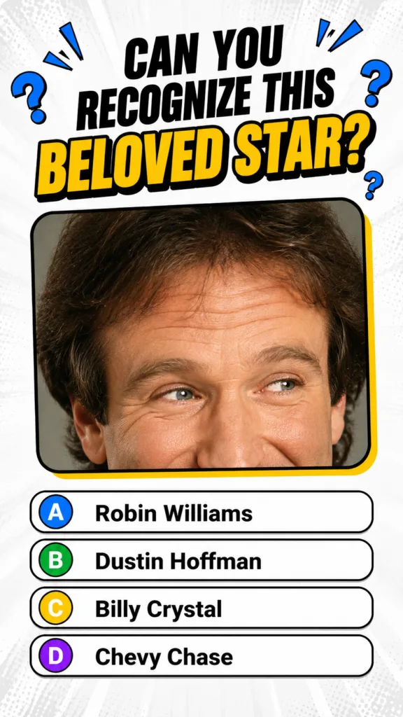A smiling close-up headshot of Robin Williams as if part of a trivia quiz with quiz-style graphic elements around him