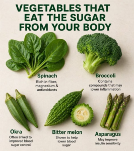 An infographic showcasing five different vegetables spinach broccoli okra bitter melon and asparagus with descriptions o