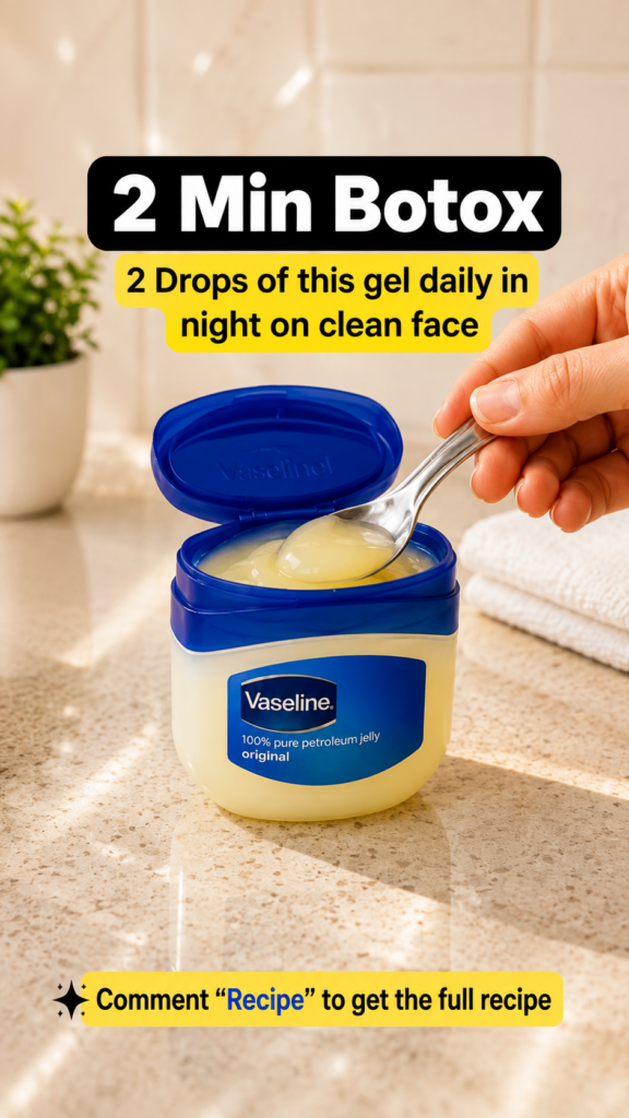 A hand scooping a dollop of yellow petroleum jelly from an open jar on a light-colored countertop
