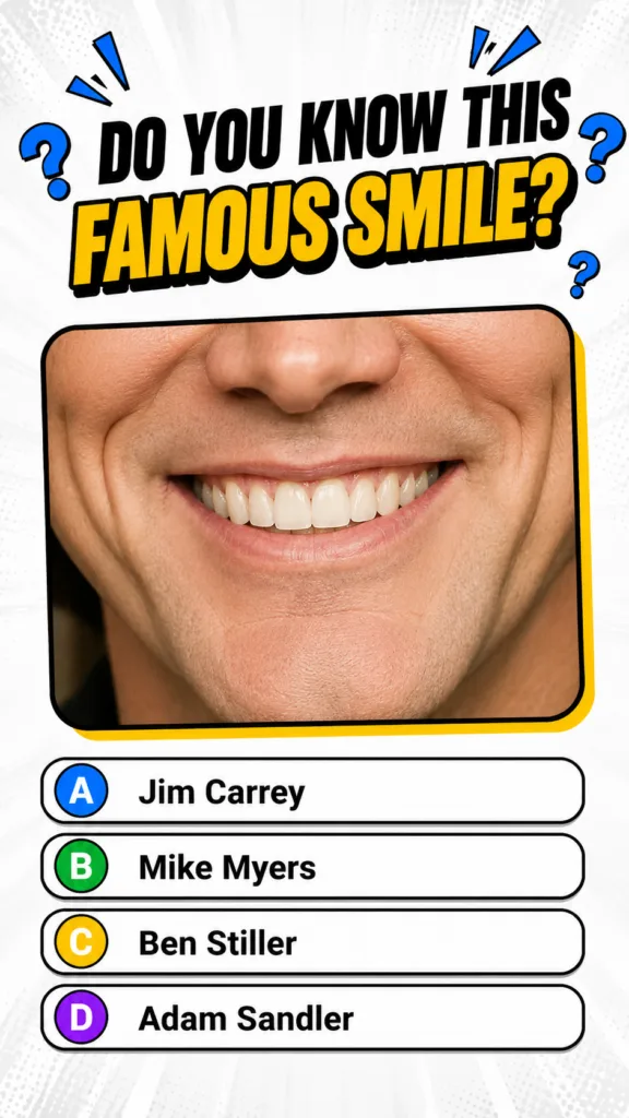 A prominent close-up mid-shot of a man s smiling mouth with the rest of the face obscured The image should have a quiz-l