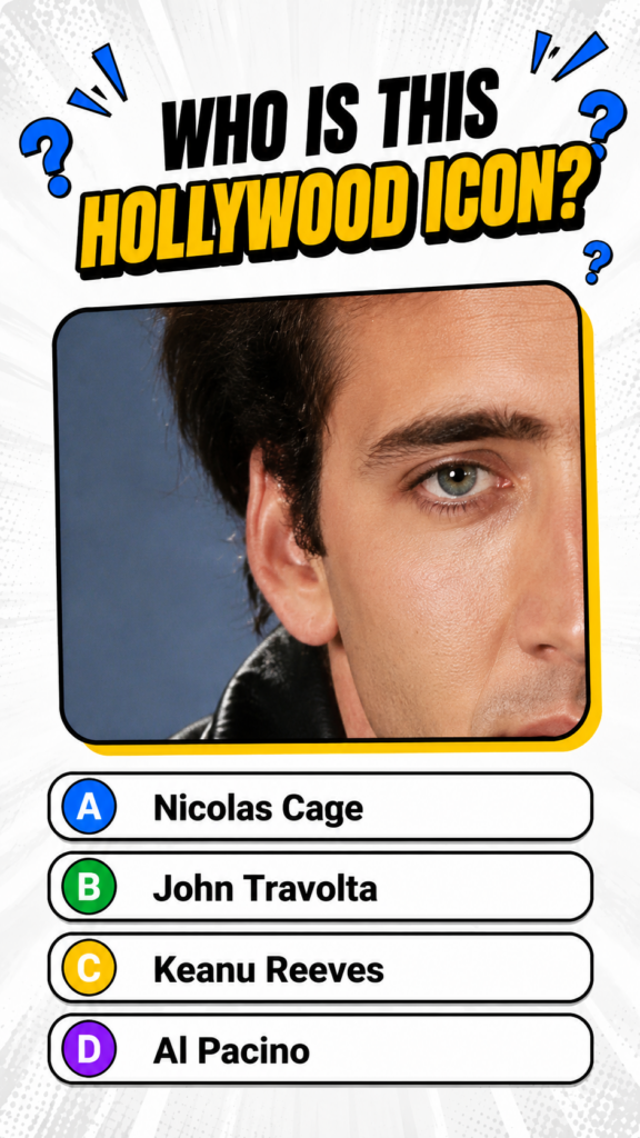 Quiz interface asking WHO IS THIS HOLLYWOOD ICON with a cropped image of Nicolas Cage s face and multiple-choice answers
