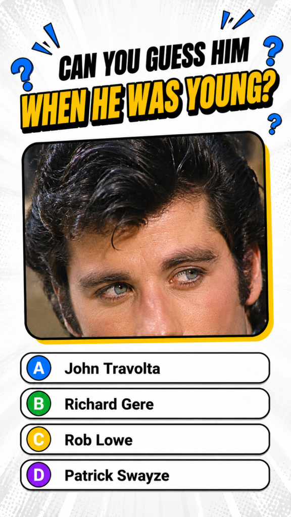 A close-up of young John Travolta s face focusing on his blue eyes and wavy dark hair presented as a quiz graphic
