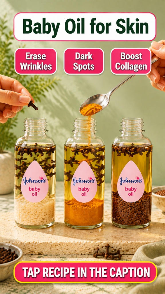 Three clear glass bottles of Johnson s baby oil each infused with natural ingredients like cloves turmeric powder and fl