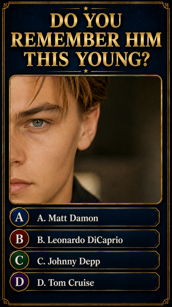 A dark blue quiz card with ornate gold borders featuring a close-up portrait of a young Leonardo DiCaprio s left face wi