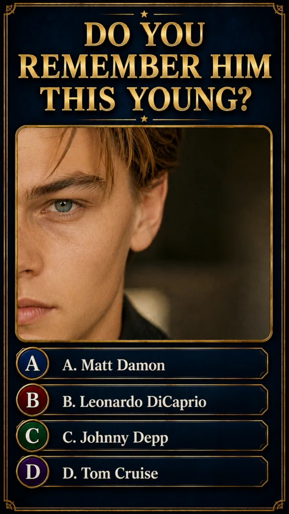 A dark blue quiz card with ornate gold borders featuring a close-up portrait of a young Leonardo DiCaprio s left face wi