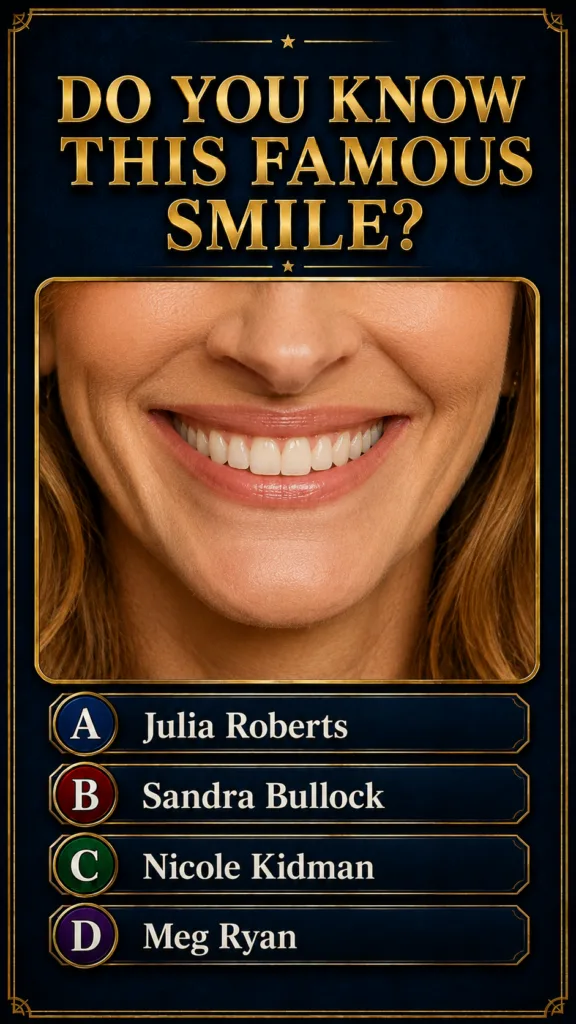 A quiz graphic asking DO YOU KNOW THIS FAMOUS SMILE with a close-up of a smiling woman s mouth and multiple-choice optio