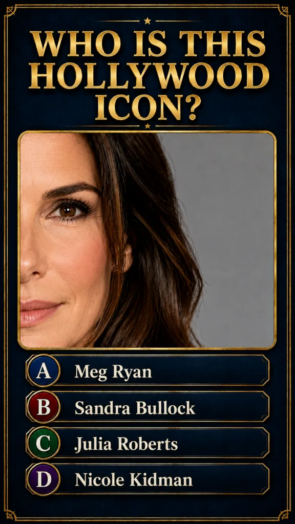 A quiz card with ornate gold borders on a dark blue background Bold gold text asks WHO IS THIS HOLLYWOOD ICON The centra
