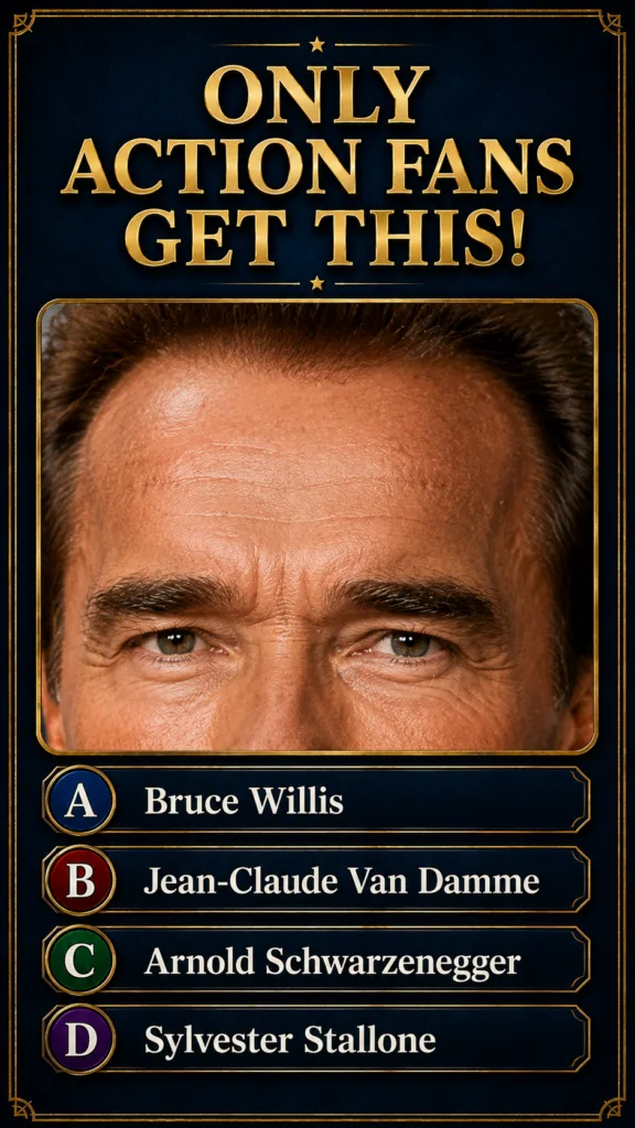 A close-up of Arnold Schwarzenegger s eyes and forehead framed within a quiz design with ornate golden borders against a