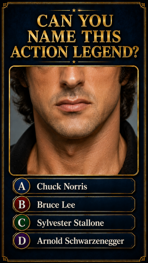 A quiz graphic asking CAN YOU NAME THIS ACTION LEGEND with a close-up of Sylvester Stallone s lower face in a golden-bor